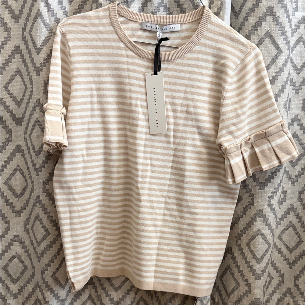 English Factory Beige and Cream Striped Ruffle Sleeve Top